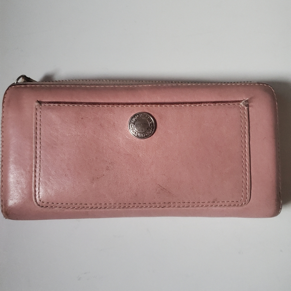Coach Pebbled Pink Leather Zip Wallet Clutch Bright